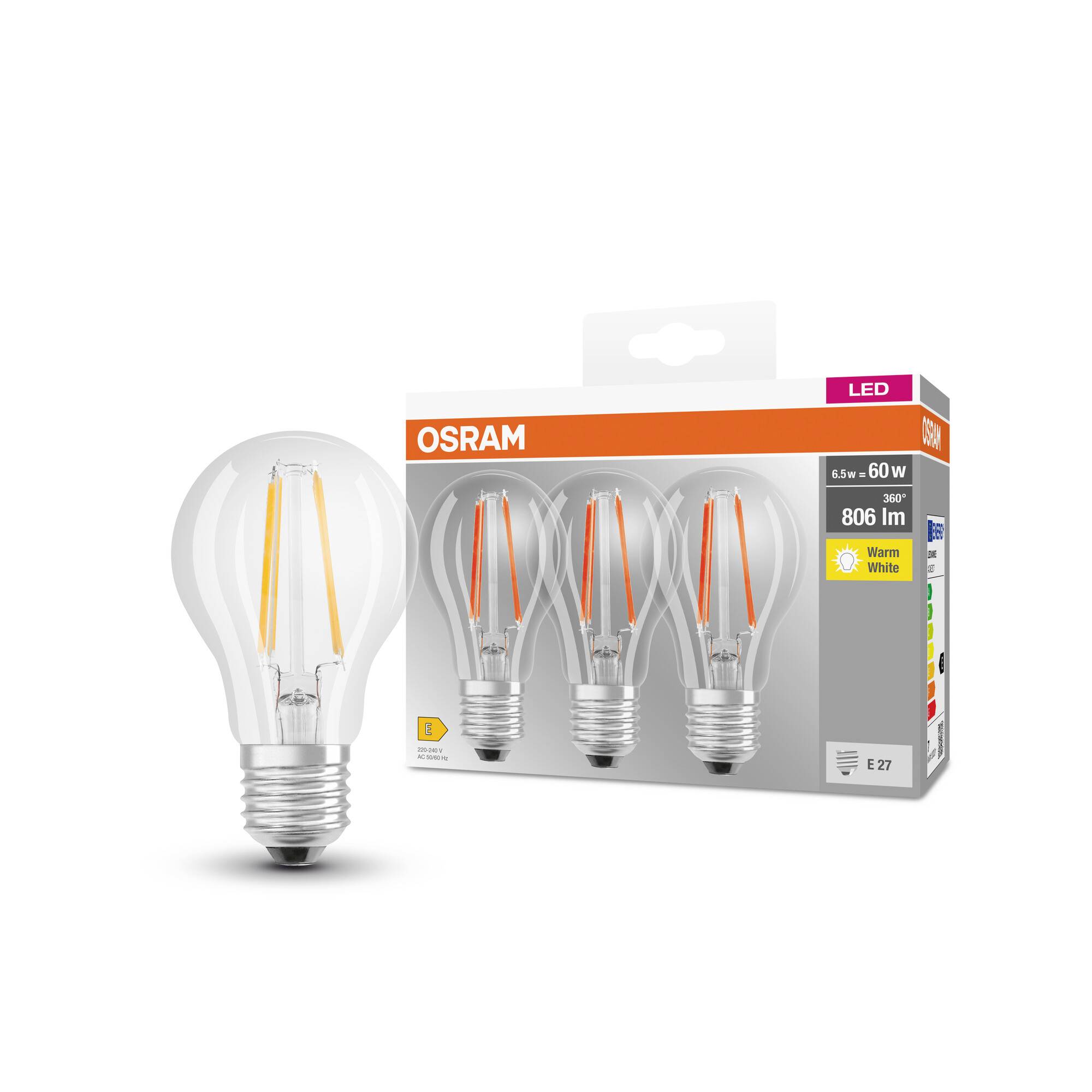 Eine LED-Glühbirne von OSRAM mit 806 lm Helligkeit. Verpackung zeigt drei gelbe Leuchtfäden im Inneren der Glühbirne.