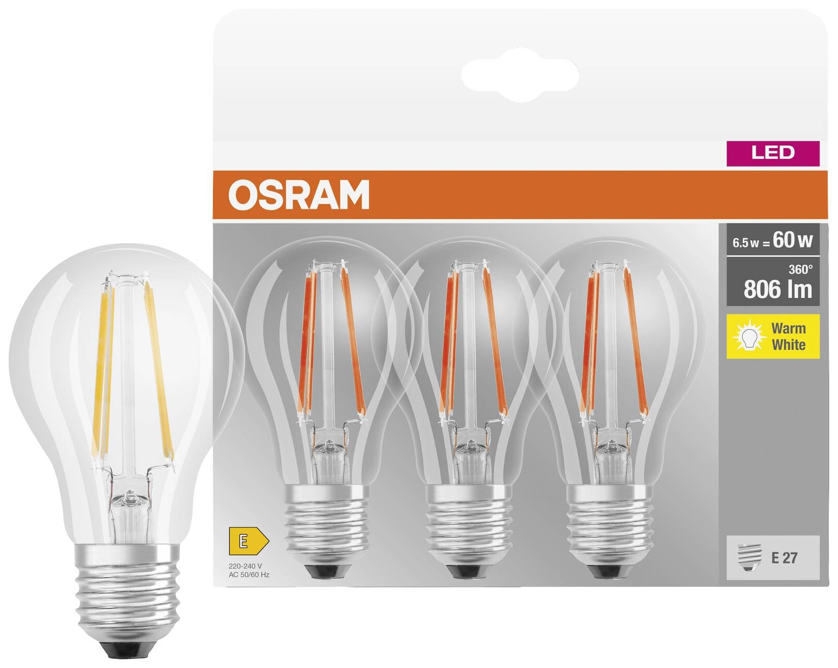 Vier LED-Glühbirnen von OSRAM in einer Verpackung. Jeweils 6,5 W, 806 lm, in 'Warm White'. Energieeffizienzklasse E, Sockel E27.