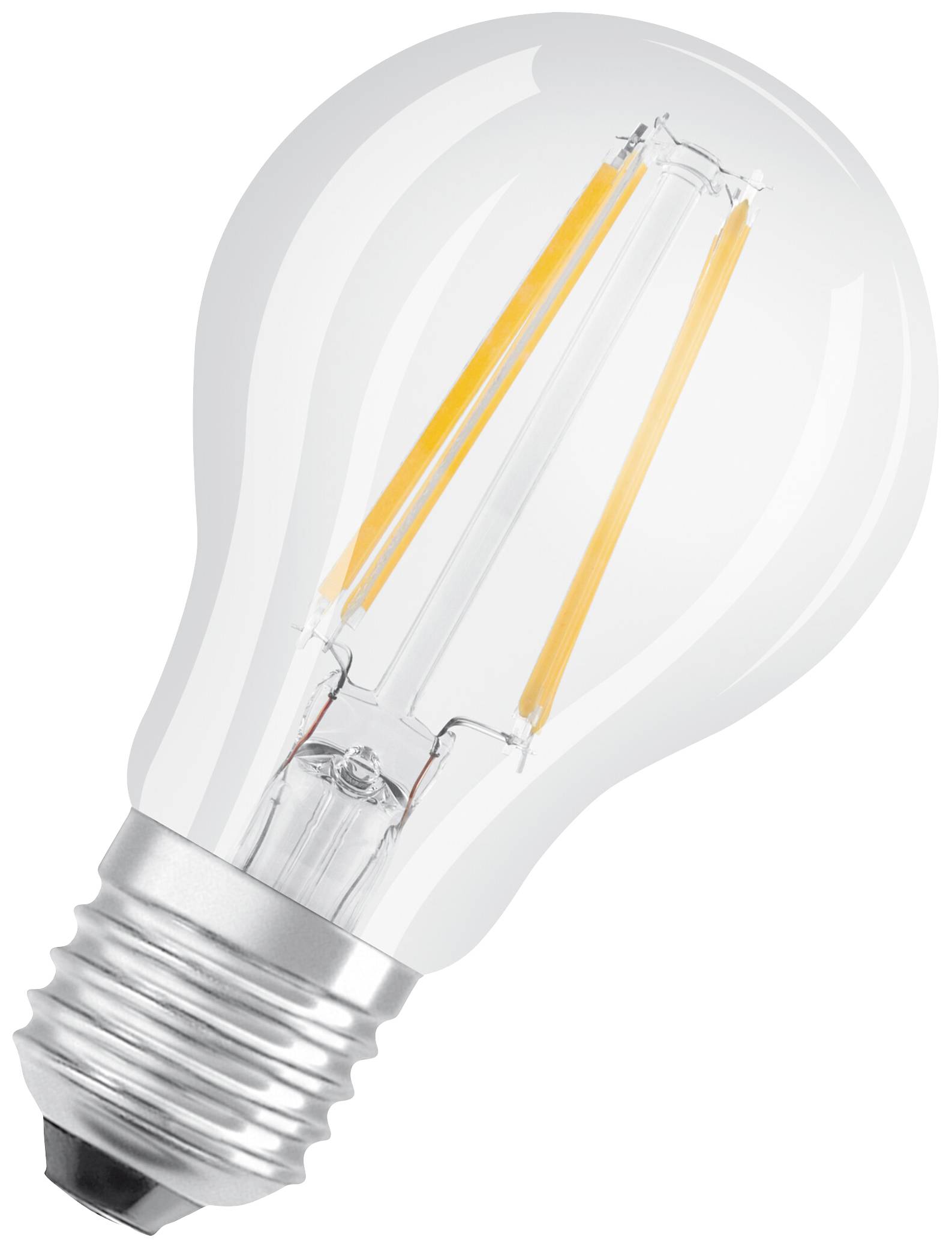Eine LED-Glühbirne mit silbernem Sockel und innen sichtbaren Filamenten, die ähnlich wie bei einer klassischen Glühbirne angeordnet sind.