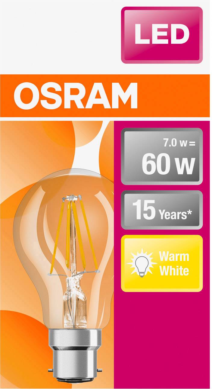 OSRAM 4058075114876 LED EEK E (A - G) B22d Glühlampenform 6.5W = 60W Warmweiß (Ø x L) 60.0mm x 104.0mm 1St.