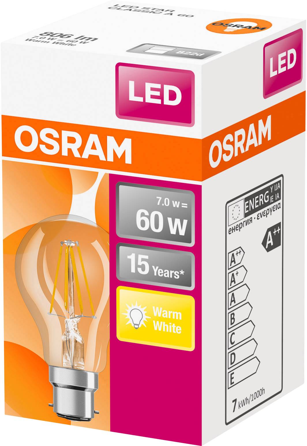OSRAM 4058075114876 LED EEK E (A - G) B22d Glühlampenform 6.5W = 60W Warmweiß (Ø x L) 60.0mm x 104.0mm 1St.