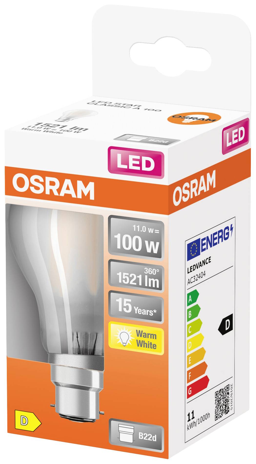 OSRAM LED-Lampe, 100W, 1521 Lumen, 11W Verbrauch, 'Warm White', Energieklasse D, 15 Jahre Lebensdauer, E27 Sockel. Verpackung zeigt Produktdetails.