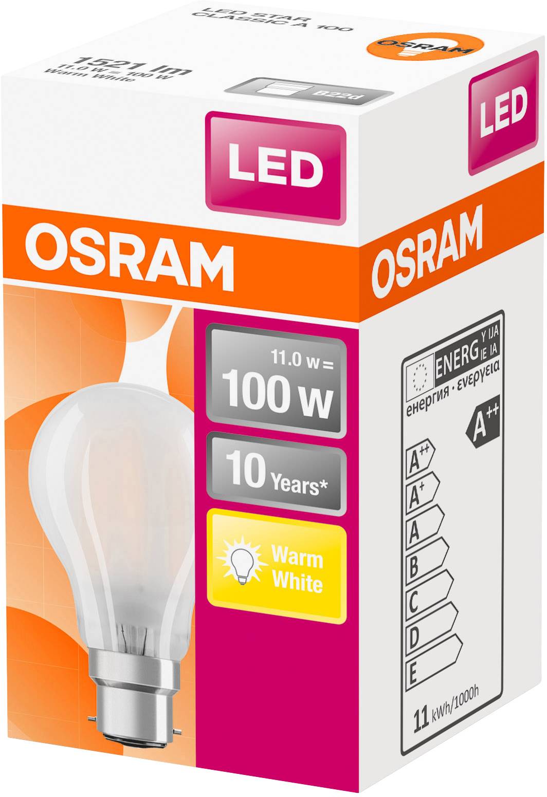 Eine OSRAM LED-Glühbirnenverpackung zeigt 100W Äquivalentleistung, 11W Verbrauch, warmweiße Lichtfarbe, Energieeffizienz A++ und 10 Jahre Lebensdauer.