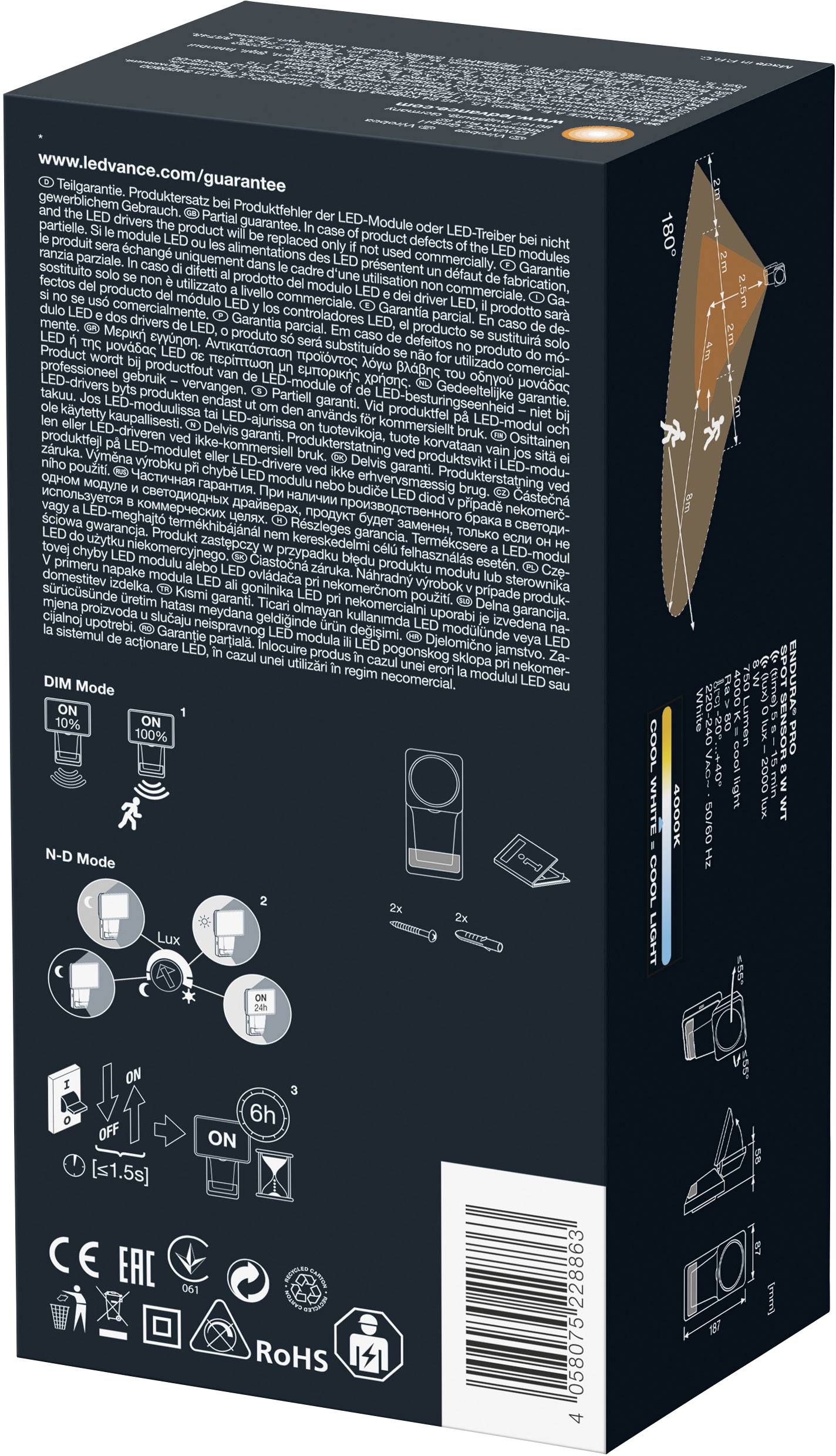Verpackung einer LED-Leuchte, zeigt Diagramme zur Montageanleitung und Energiesparhinweise. Markierungen für CE und RoHS konform.