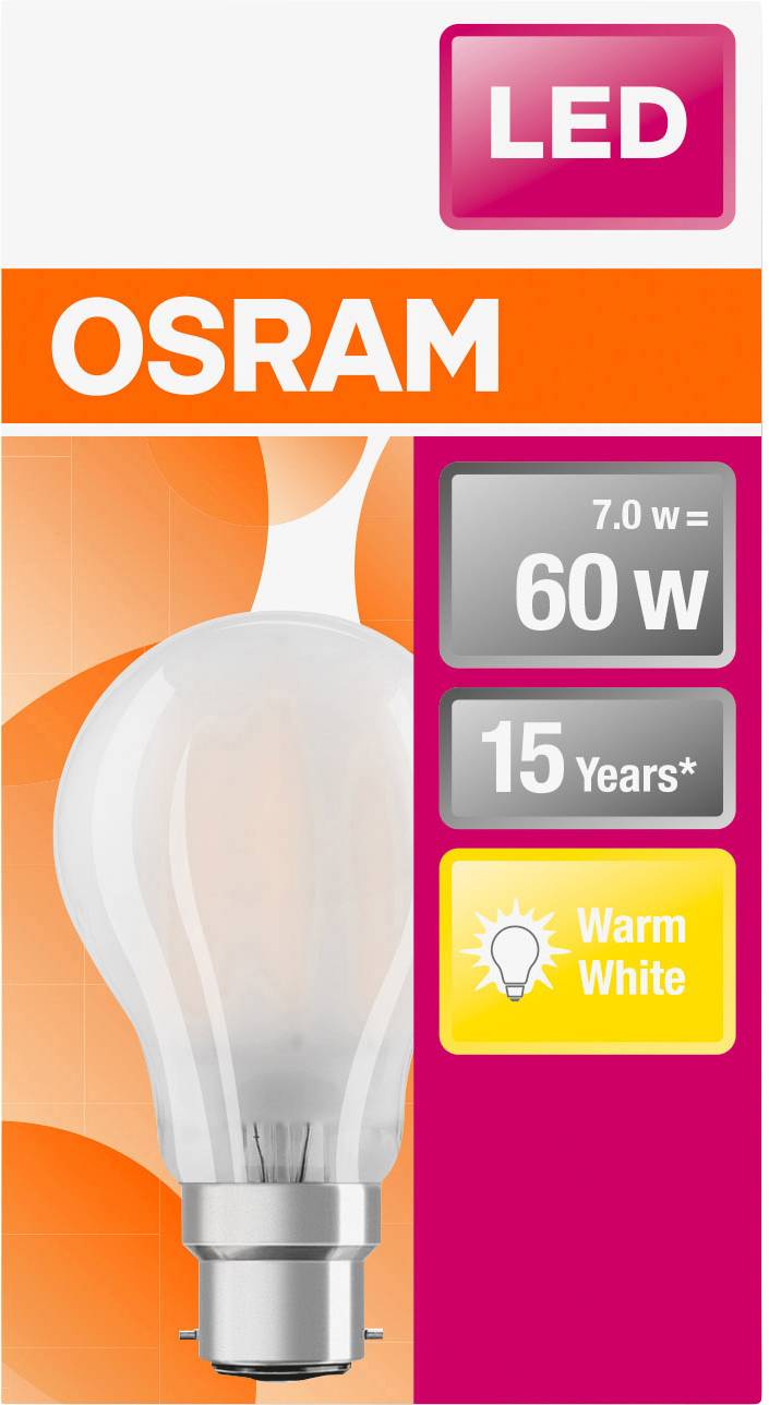 Osram LED-Glühlampe mit 7.0 W Leistung entspricht 60 W. Lebensdauer von 15 Jahren. Lichtfarbe: Warmweiß.