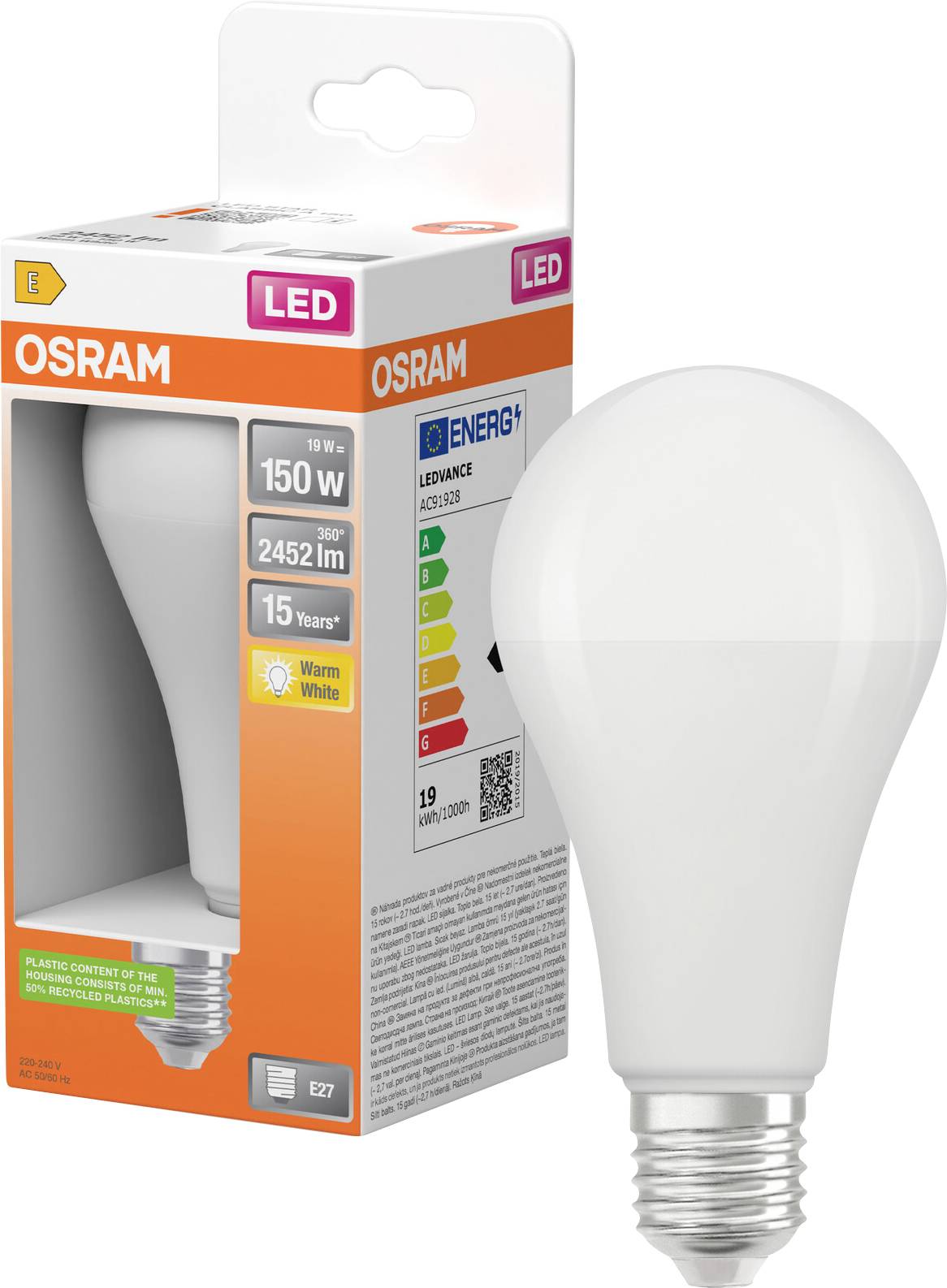 OSRAM LED-Glühbirne in Verpackung, zeigt eine mattierte A-förmige Birne und Schachtel mit der Kennzeichnung 19 W, 2452 lm, 15 Jahre, warmweiß, E27.
