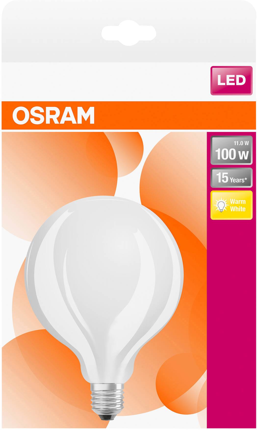 Eine OSRAM LED-Glühbirne, 11 Watt, entspricht 100 Watt, mit warmweißem Licht und einer Lebensdauer von 15 Jahren in einer Verpackung.