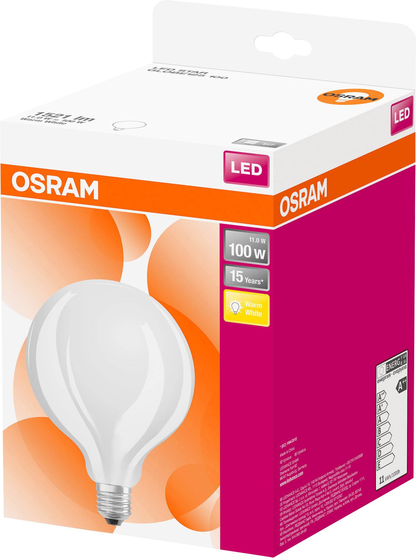 Verpackung einer LED-Glühbirne der Marke Osram. Details: 100W, warmweiß, 15 Jahre Lebensdauer, dimmbar.