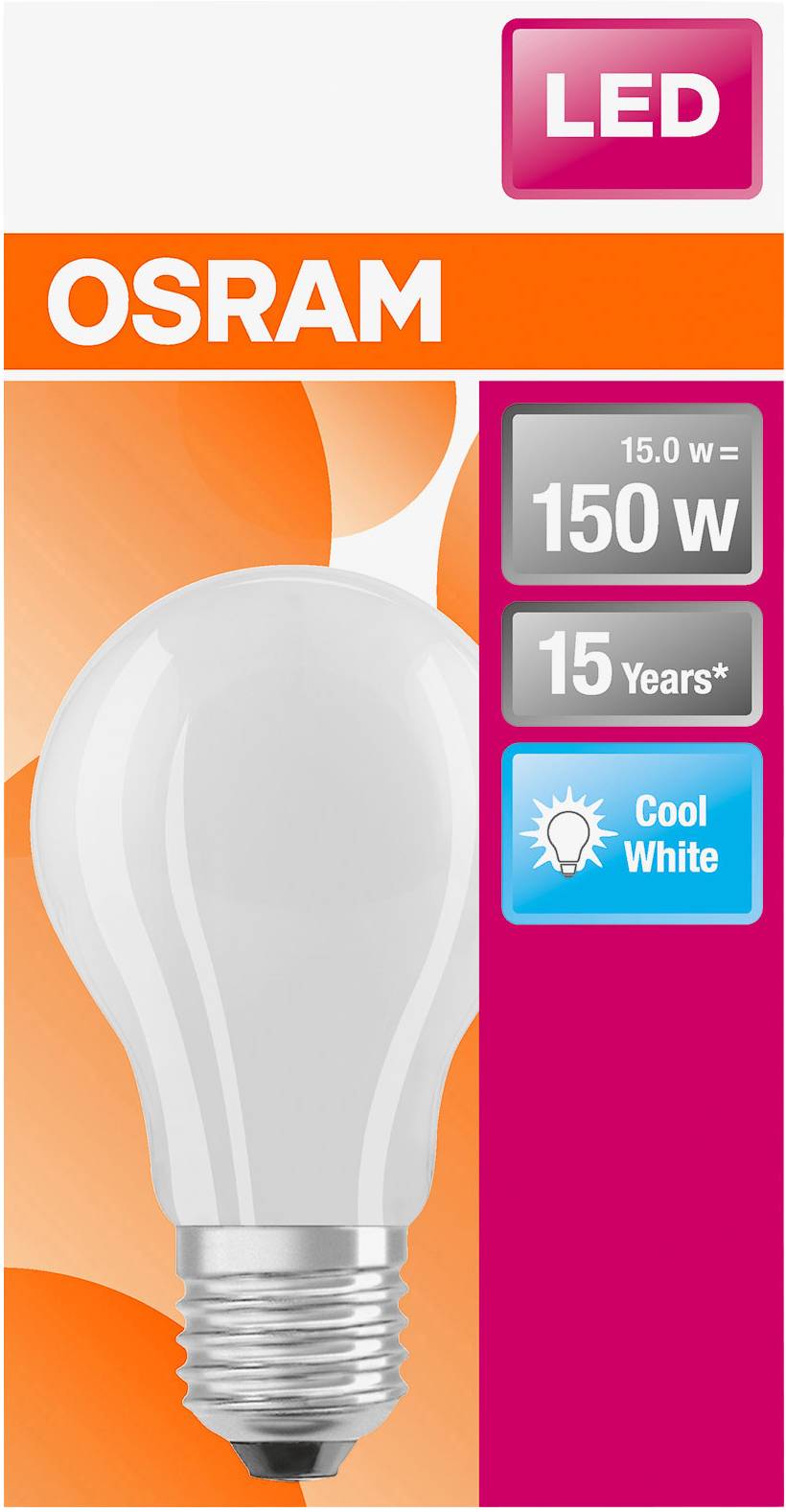 Verpackung mit LED-Lampe von Osram, ersetzt 150 W, Lebensdauer 15 Jahre, Farbtemperatur 'Cool White'.