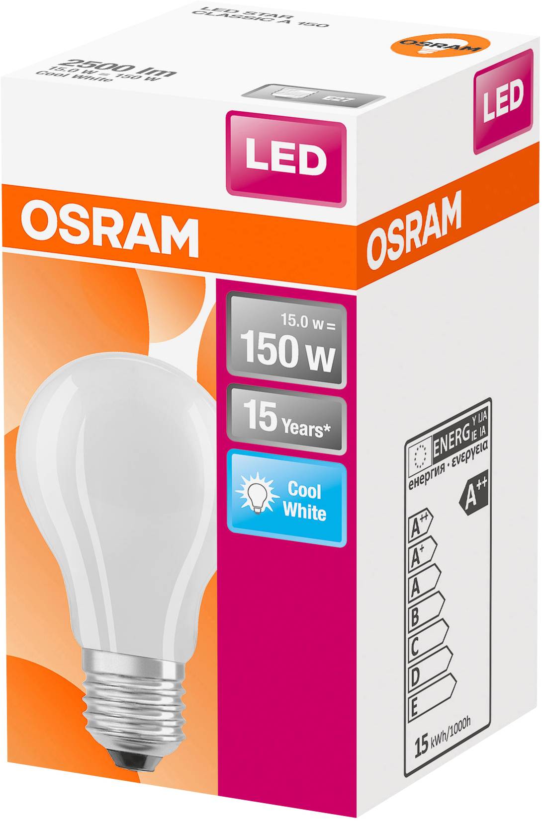 Verpackung einer LED-Glühbirne von Osram, 15 Watt, 150 Watt Ersatz, 15 Jahre Lebensdauer, kühlweißes Licht, Energieklasse A++.