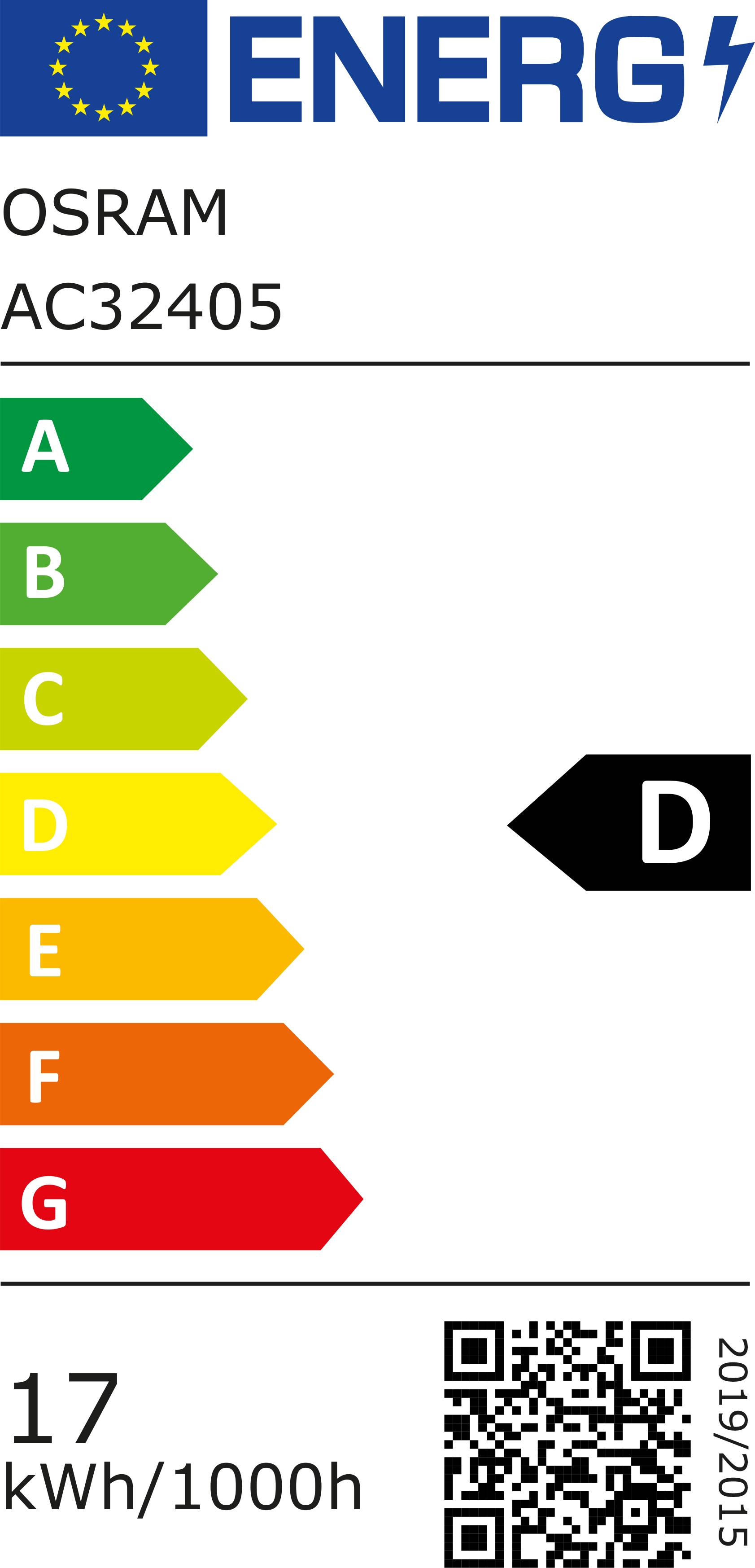 Das Bild zeigt ein EU-Energielabel für ein Produkt von OSRAM, Modell AC32405, mit der Energieeffizienzklasse D und einem jährlichen Energieverbrauch von 17 kWh/1000h.