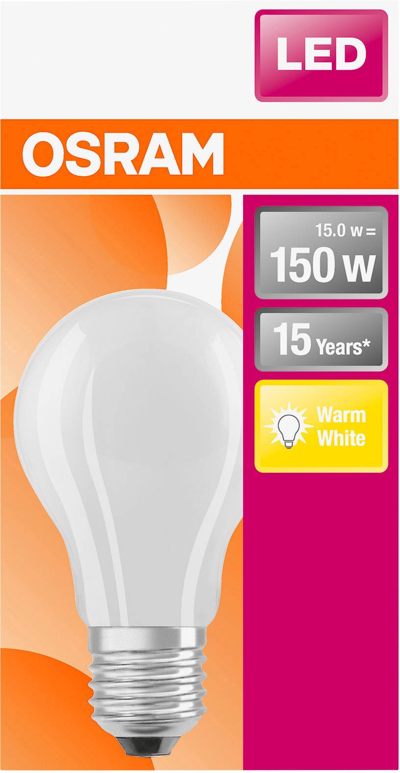 LED-Glühbirne von OSRAM, 15 Watt, Lebensdauer 15 Jahre, warmweißes Licht. Verpackung ist orange und weiß mit Markenlogo.