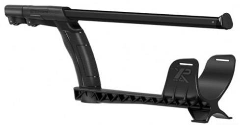 Ein schwarzer Armbrust-Armbrustschaft mit ergonomischem Griff und Pfeilhalter, für Jagd oder Sport, auf weißem Hintergrund.