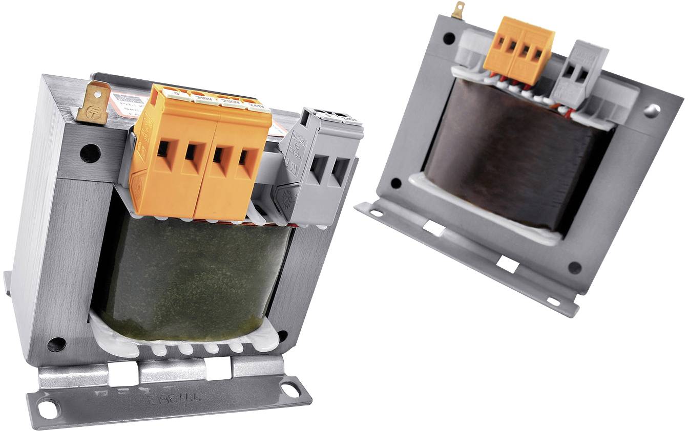 Zwei Transformatoren mit orangefarbenen und grauen Klemmen stehen nebeneinander. Sie haben zylindrische Mittelstücke und metallische Basisplatten.