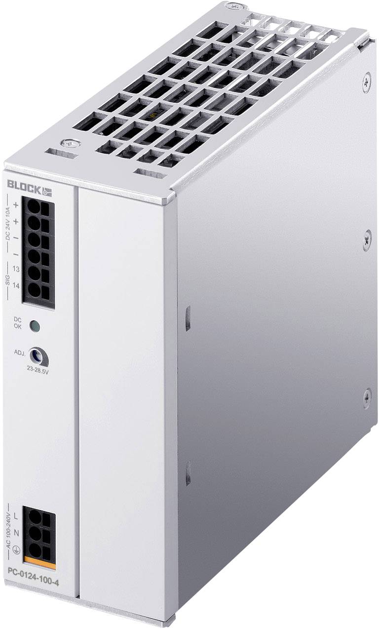 Ein weißes, rechteckiges elektronisches Gerät mit Lüftungsschlitzen und Anschlussbuchsen an der Vorderseite, Markenname 'Block'.