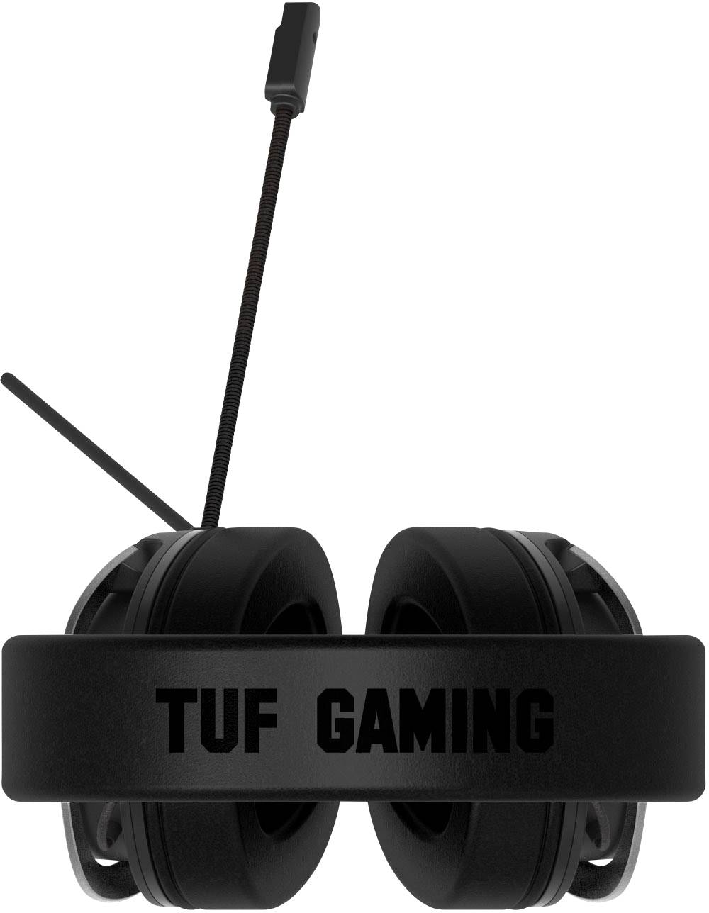 Schwarzes Gaming-Headset mit Mikrofon, auf dem Text 'TUF GAMING' steht, von oben aufgenommen.