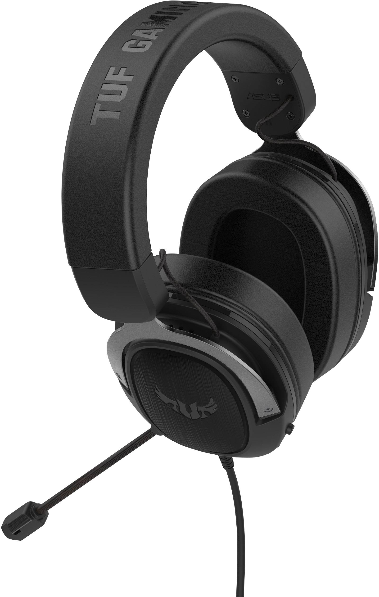 Schwarzes Gaming-Headset mit Mikrofon. Breiter Bügel mit 'TUF GAMING' Schriftzug. Robust und gepolstert für längeres Tragen.