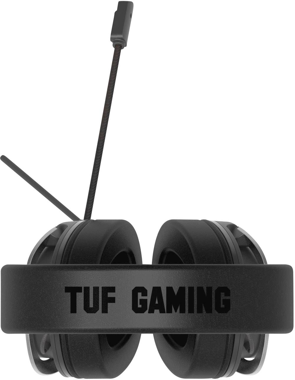 Schwarze Gaming-Kopfhörer mit Mikrofonbügel und der Aufschrift 'TUF GAMING' auf dem Kopfbügel.