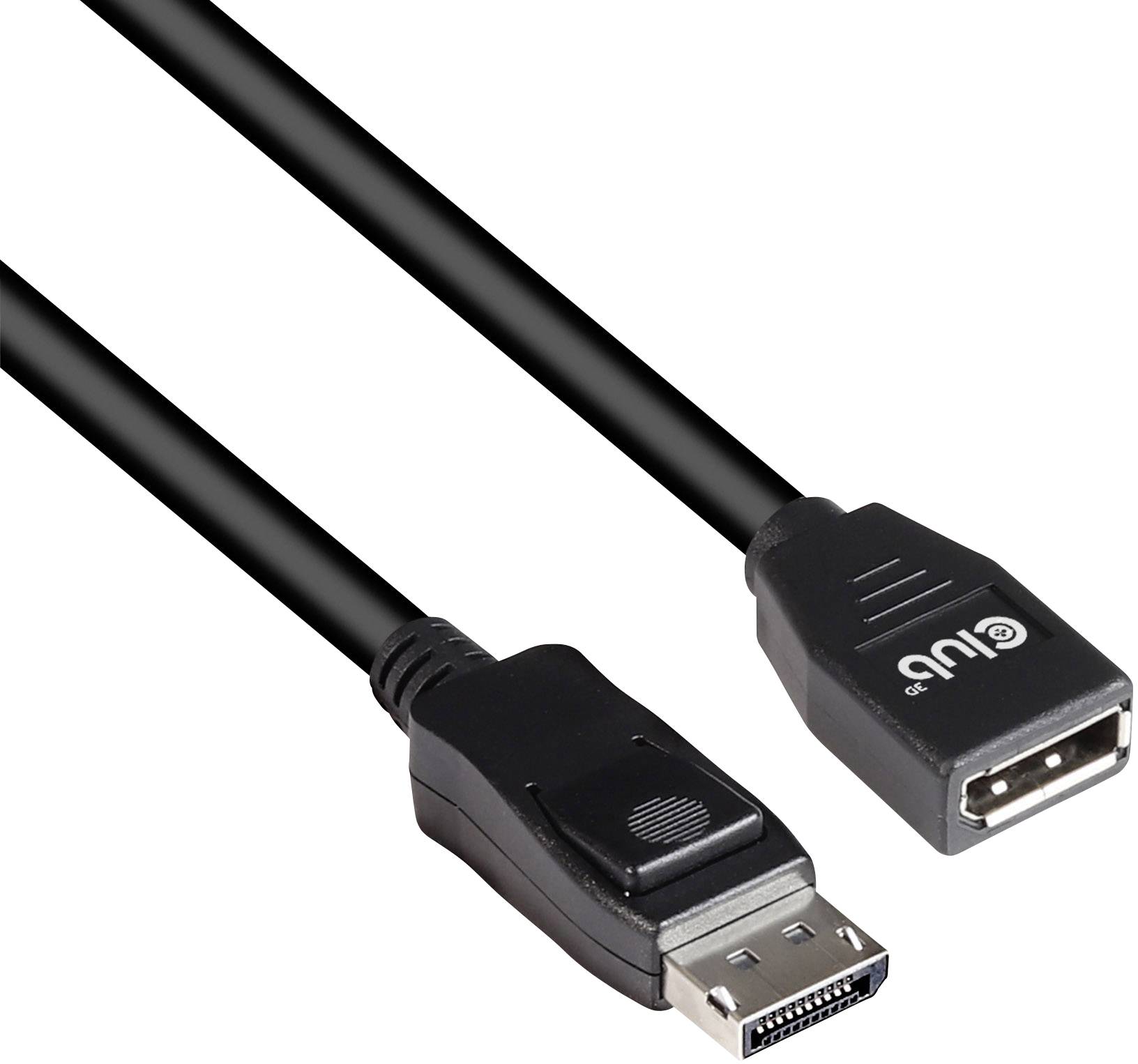 Ein schwarzes DisplayPort-Kabel mit einem weiblichen und einem männlichen Stecker, geeignet für Audio- und Videoverbindungen.
