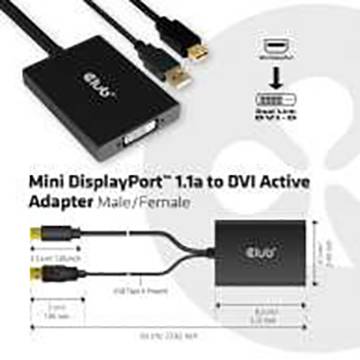 'Mini DisplayPort 1.1a to DVI Active Adapter', männlich/weiblich. Gerät zeigt Anschlüsse und Verbindung zu DVI-D.