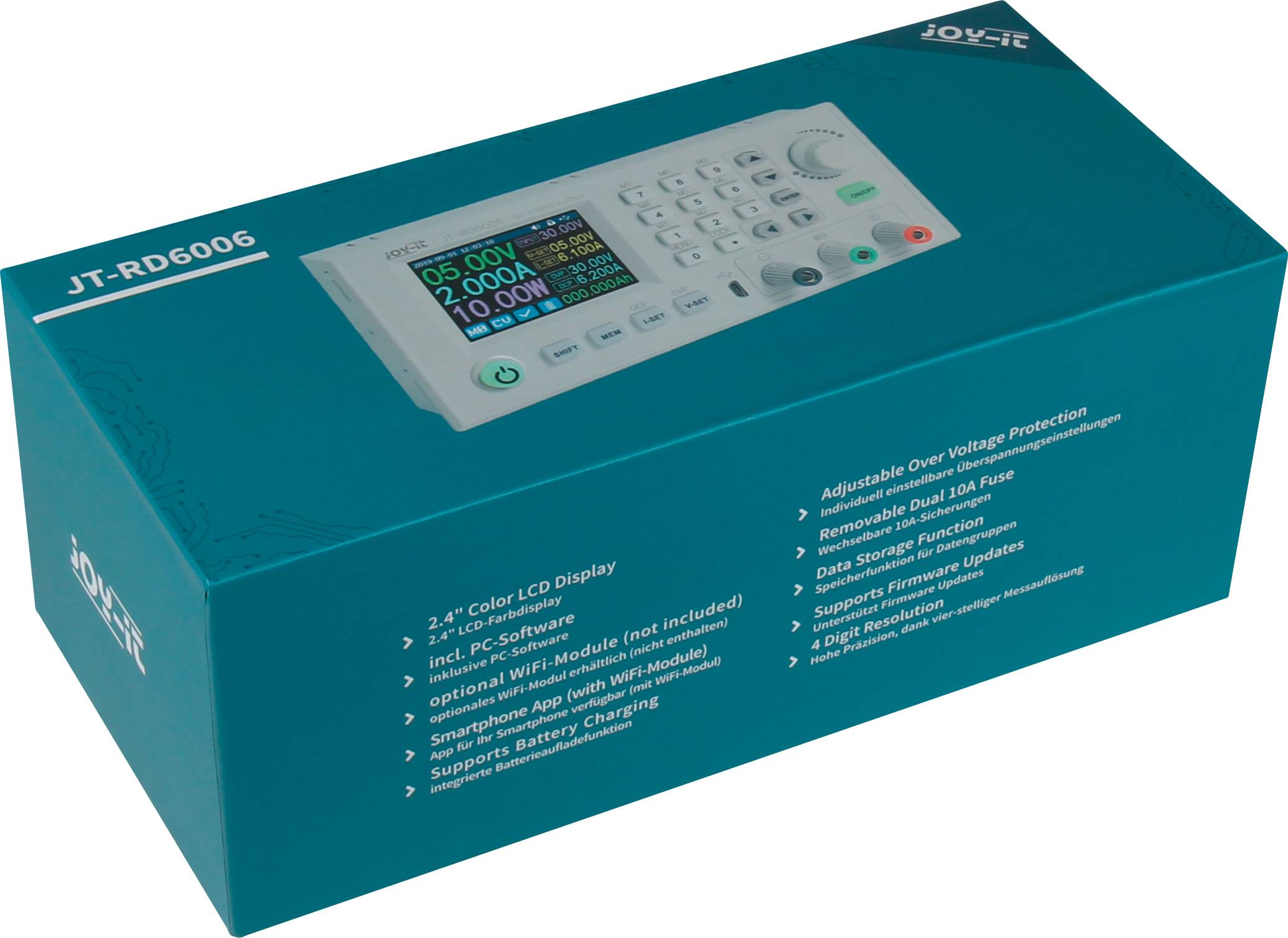 Eine Verpackung mit einem programmierbaren Netzteil, Modell JT-RD6006, aufgedruckt. Sie zeigt ein Bild des Geräts mit verschiedenen Spezifikationen.