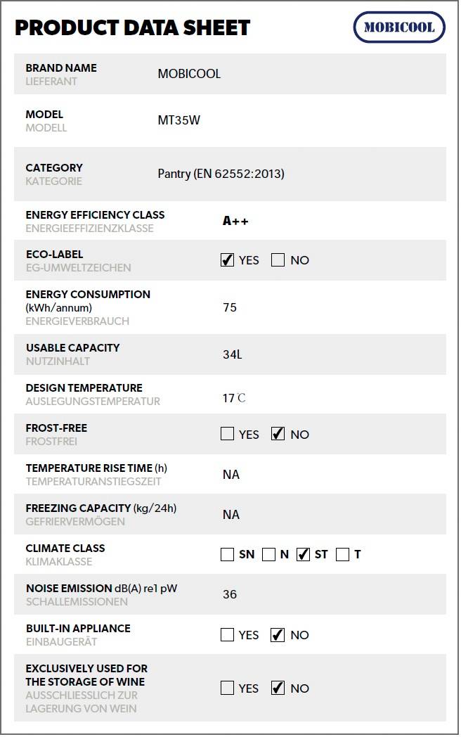 MobiCool MT35W 34 l Kühlbox EEK: F (A - G) Thermoelektrisch 12 V, 230 V Blau, Weiß 34 l
