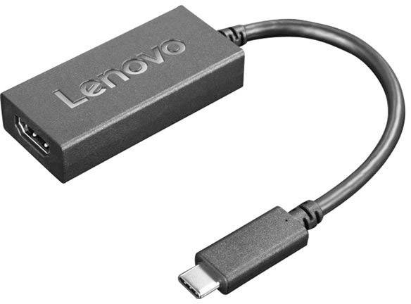 USB-C auf HDMI-Adapter mit Lenovo-Logo, schwarzes Kabel, kompakte Bauform. Ermöglicht Videoverbindungen von USB-C-Geräten zu HDMI-Bildschirmen.