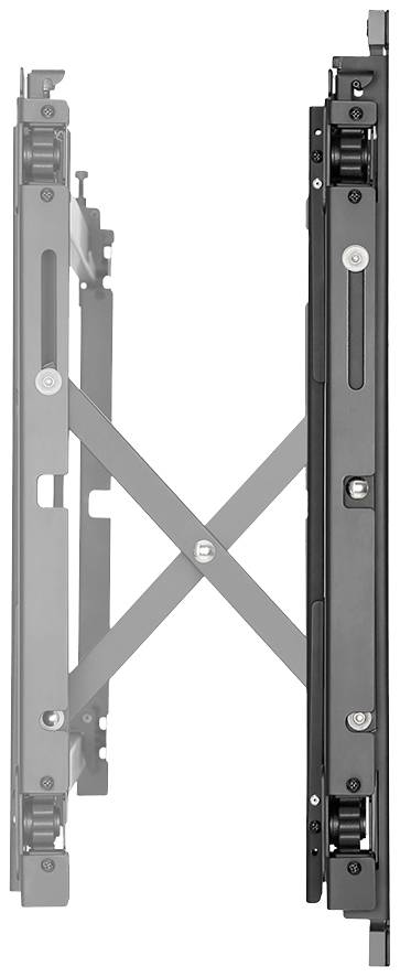 Schrankscharnier mit seitlichen Befestigungen und Scharniervorrichtungen, zeigt metallischen Mechanismus von der Seite.