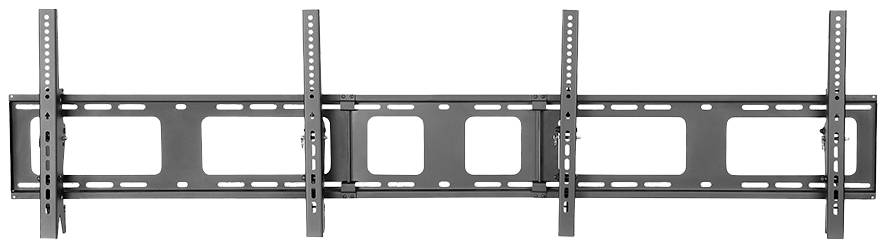 Schwarze TV-Wandhalterung, horizontal ausgerichtet, mit verstellbaren Schienen und Löchern zur Befestigung an der Wand.