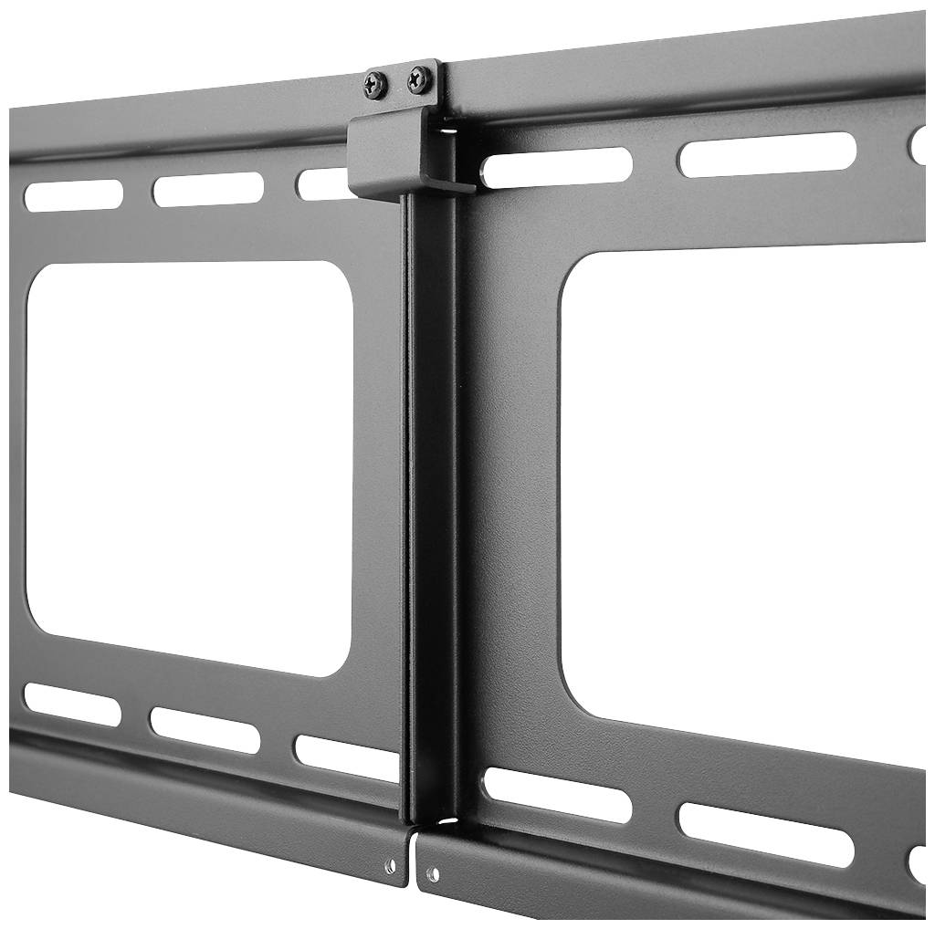 Schwarze Wandhalterung aus Metall für Fernseher. Besteht aus zusammengeschraubten Teilen mit Schlitzen zur Kabeldurchführung.