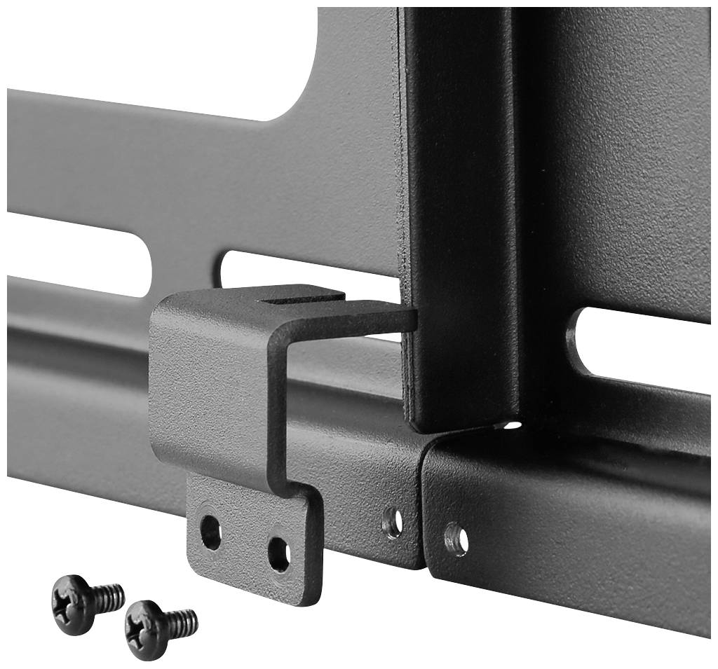 Nahaufnahme eines schwarzen Metallmontagezubehörs mit zwei Schrauben, möglicherweise für die Befestigung an einer Wand oder einem Möbelstück.