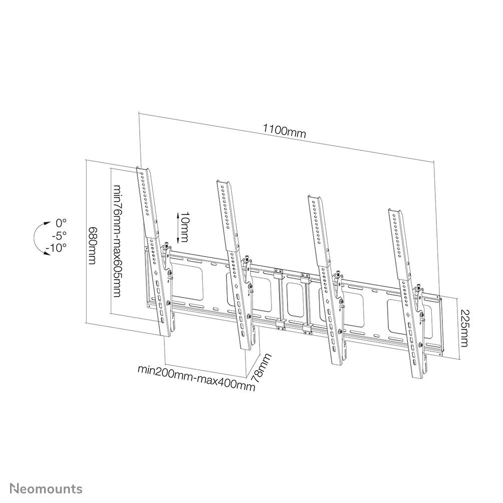 Technische Zeichnung einer Neomounts Wandhalterung. Maße: 1100mm Breite, 680mm Höhe. Neigung: -5° bis 10°. VESA: 200x200 bis 400x600mm.