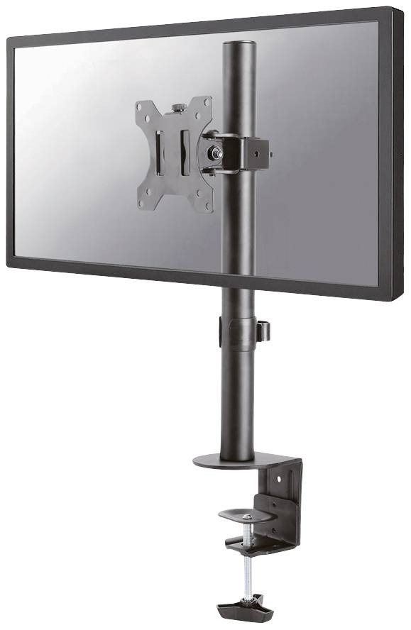 Ein Monitor ist an einem verstellbaren Tischhalterungsarm befestigt. Der Arm kann in der Höhe angepasst und am Tischrand fixiert werden.