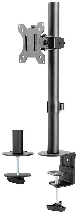 Verstellbare Monitorhalterung aus schwarzem Metall mit Klammer, geeignet zur Befestigung an einem Schreibtisch.
