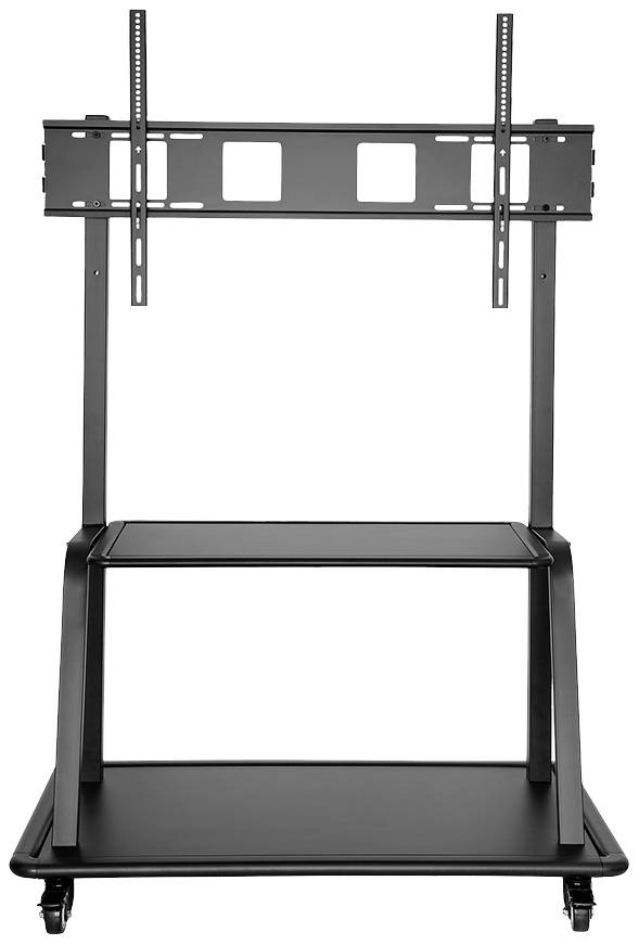 Ein schwarzer TV-Ständer mit Rollen, zwei Ebenen und einer Halterung für große Bildschirme. Ideal für Präsentationen oder Konferenzen.