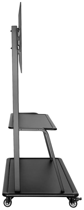 Seitenansicht eines schwarzen, fahrbaren Fernsehständers mit Rädern und zwei Ablagen.