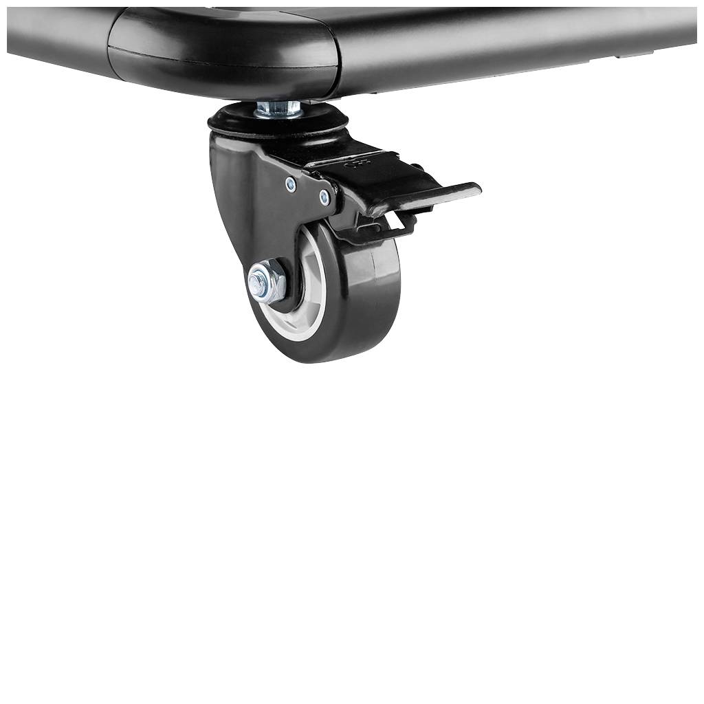 Das Bild zeigt ein schwarzes Möbelrad mit einem grauen Rad, das an einem Metallrahmen montiert ist. Das Rad ist drehbar.