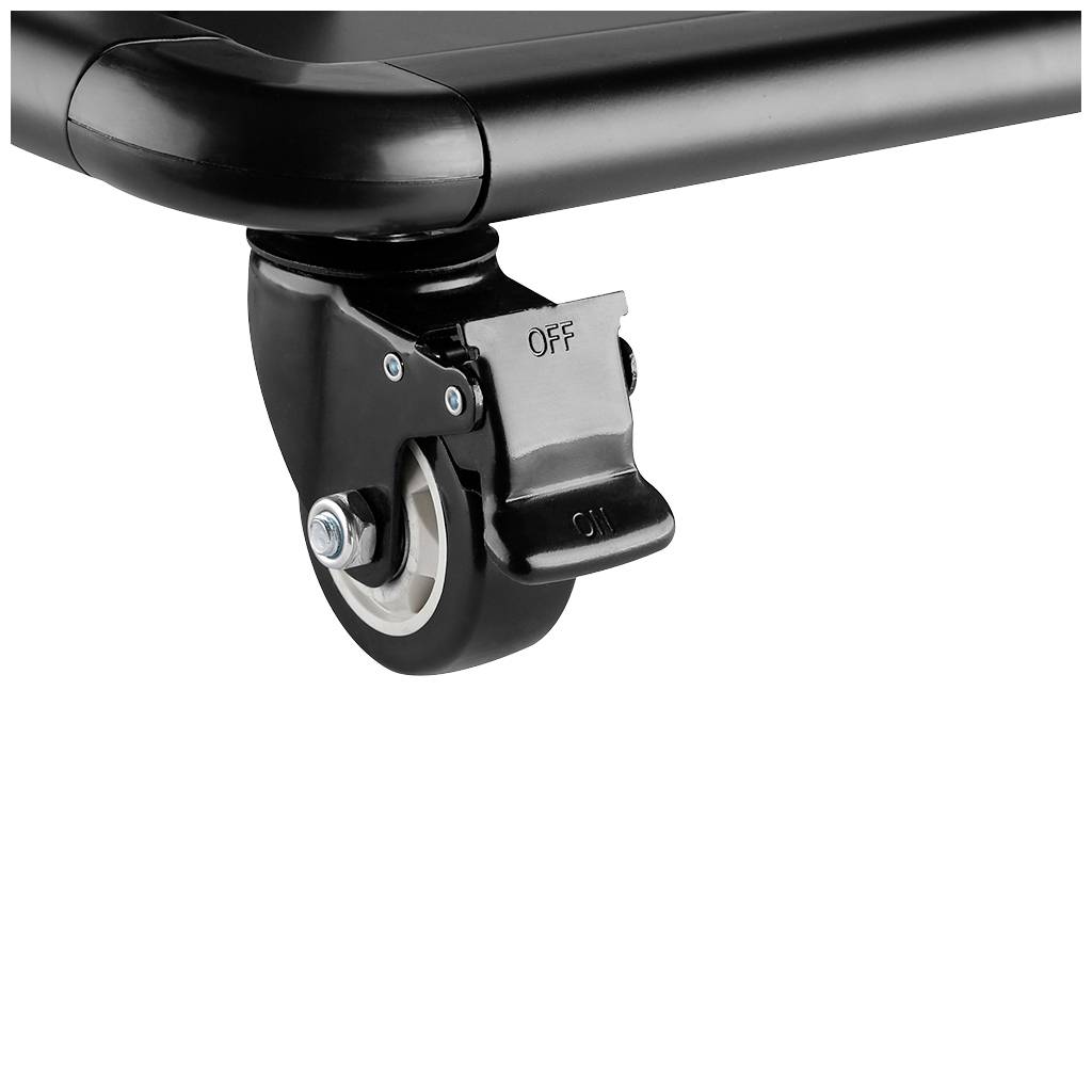 Nahaufnahme eines schwarzen schwenkbaren Rollenrads an einem Möbelstück mit einem Kippschalter in der Position 'OFF'.