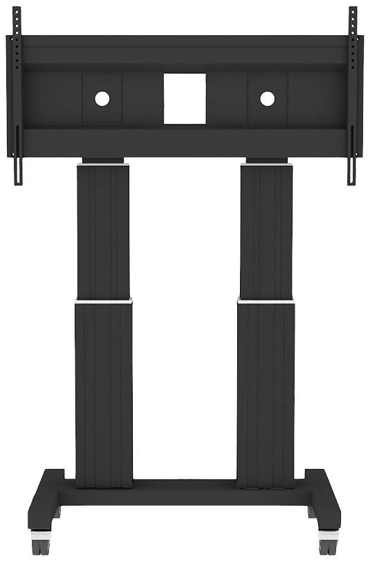 Schwarzer Bildschirmständer auf rollbaren Füßen. Er hat verstellbare Säulen für die Höhenanpassung.