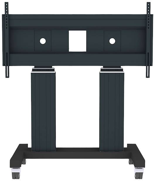 Elektrischer Monitorständer mit zwei höhenverstellbaren Säulen und stabiler Basis. Ideal für ergonomisches Arbeiten.