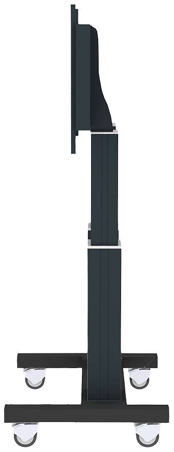 Seitenansicht eines schwarzen Monitorständers auf Rollen, verstellbar in der Höhe, geeignet für verschiedene Bildschirmgrößen.