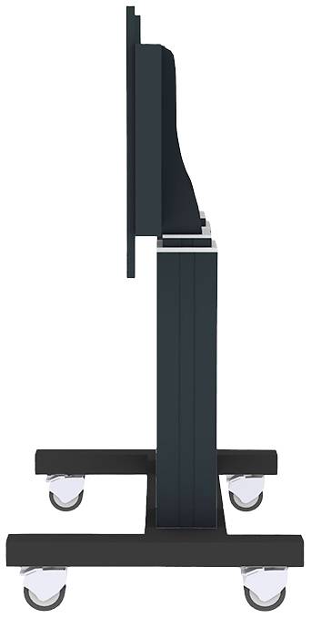 Seitenansicht eines schwarzen Fernsehtisches auf Rollen mit flachem Bildschirm. Ideal für flexible Raumgestaltung.