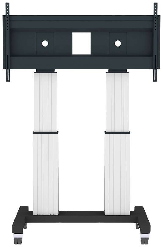 Ein Ständer mit zwei vertikalen Stützen und einem horizontalen Rahmen oben. Geeignet zur Befestigung eines großen Monitors oder Bildschirms.
