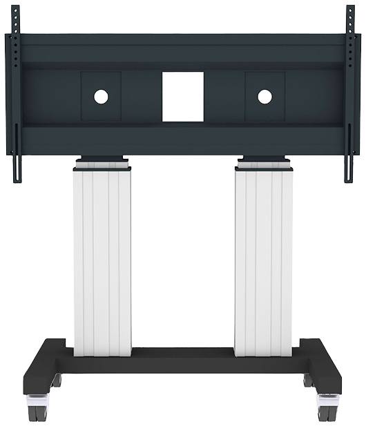 Elektrische TV-Halterung auf Rollen, höhenverstellbar, mit dunklem Querträger und weißen vertikalen Säulen. Geeignet für große Bildschirme.