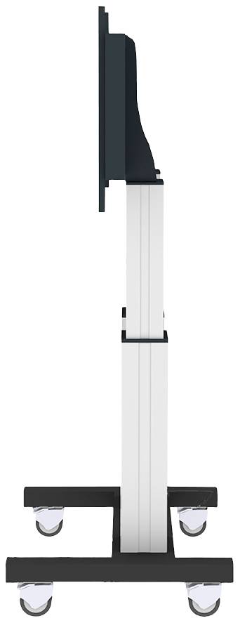 Seitenansicht eines mobilen TV-Ständers mit Rollen, höhenverstellbar, geeignet für Flachbildschirme.