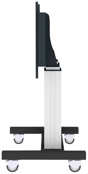Seitenansicht eines rollbaren Monitorständers mit vertikalem Halter und vier Rollen an der Basis.