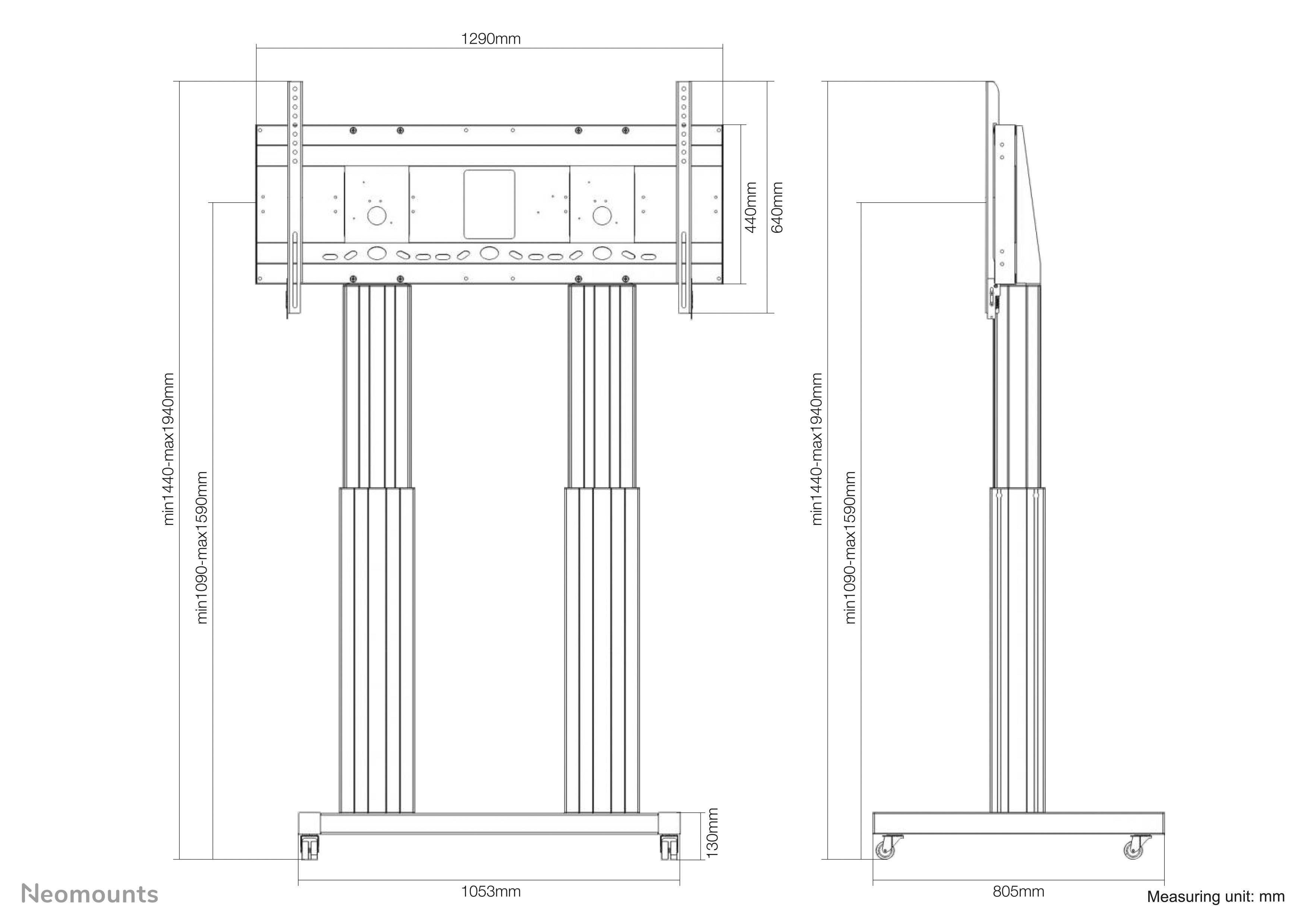 Technische Zeichnung eines verstellbaren TV-Ständers mit Maßen in Millimetern. Front- und Seitenansicht mit Höhenangaben.