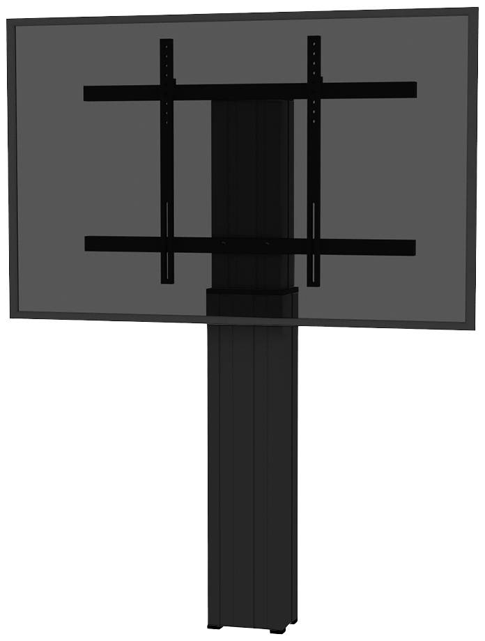 Flacher, schwarzer TV-Ständer mit Halterung zur Wandmontage, geeignet für moderne Flachbildfernseher.