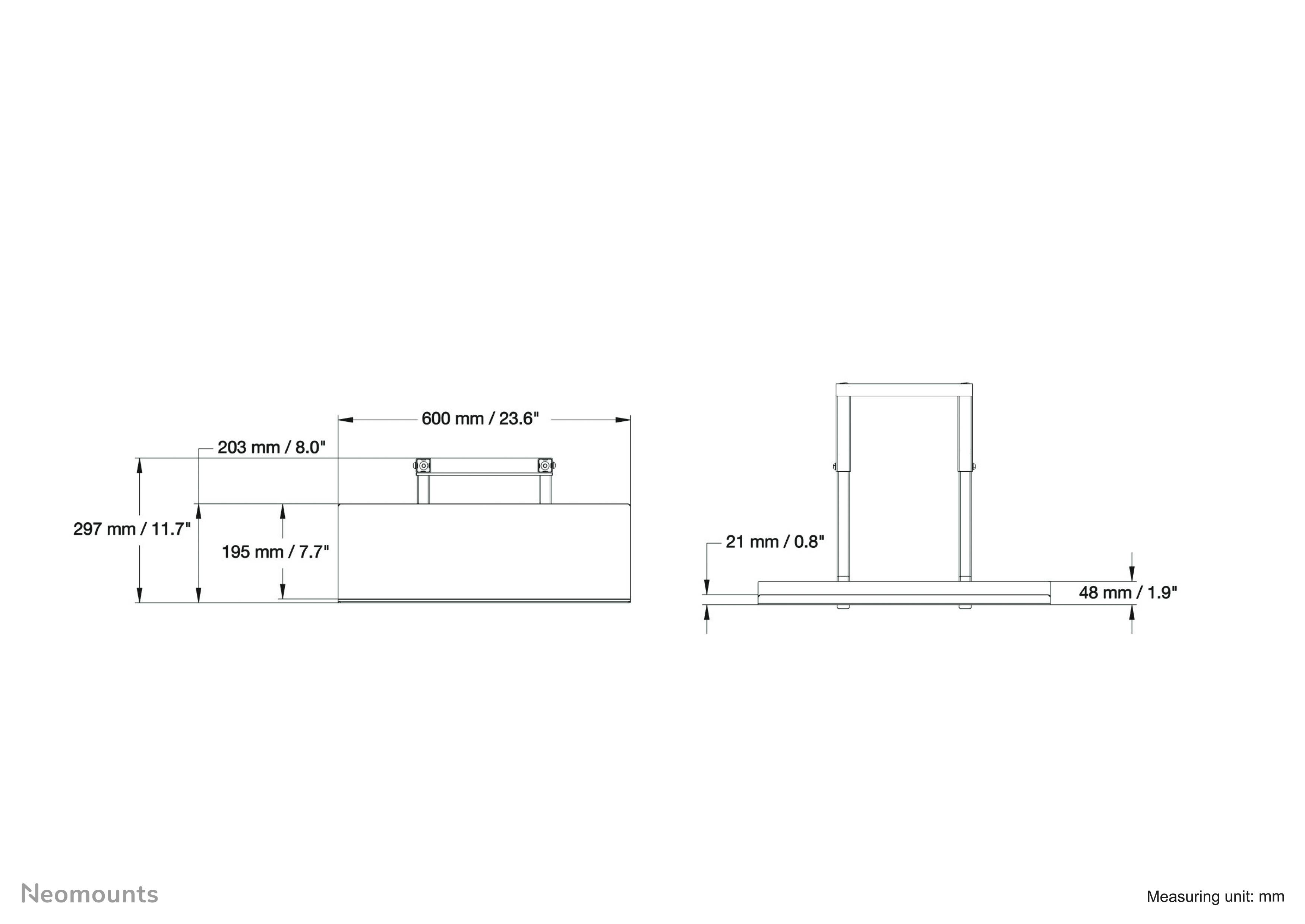 Technische Zeichnung eines Halters: Breite 600 mm, Tiefe 203 mm, Höhe 297 mm. Seitliche Ansicht zeigt Höhe 21 mm, Tiefe 48 mm. Maße in mm.