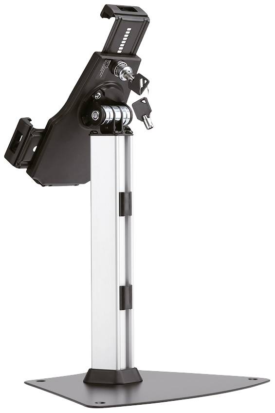 Tablet-Halterung aus Metall mit Schlossmechanismus, verstellbarem Arm und solider Basis.
